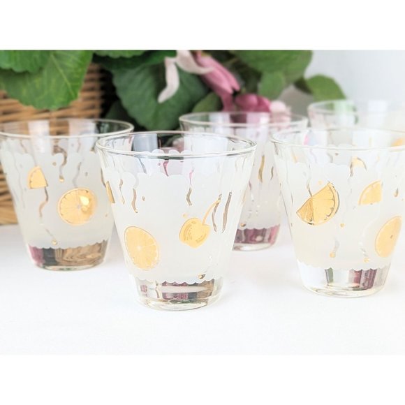Set of 6 MCM Frosted Double Shot Glasses Gold Citrus Fruit Vintage 1960s Barware - Picture 5 of 10